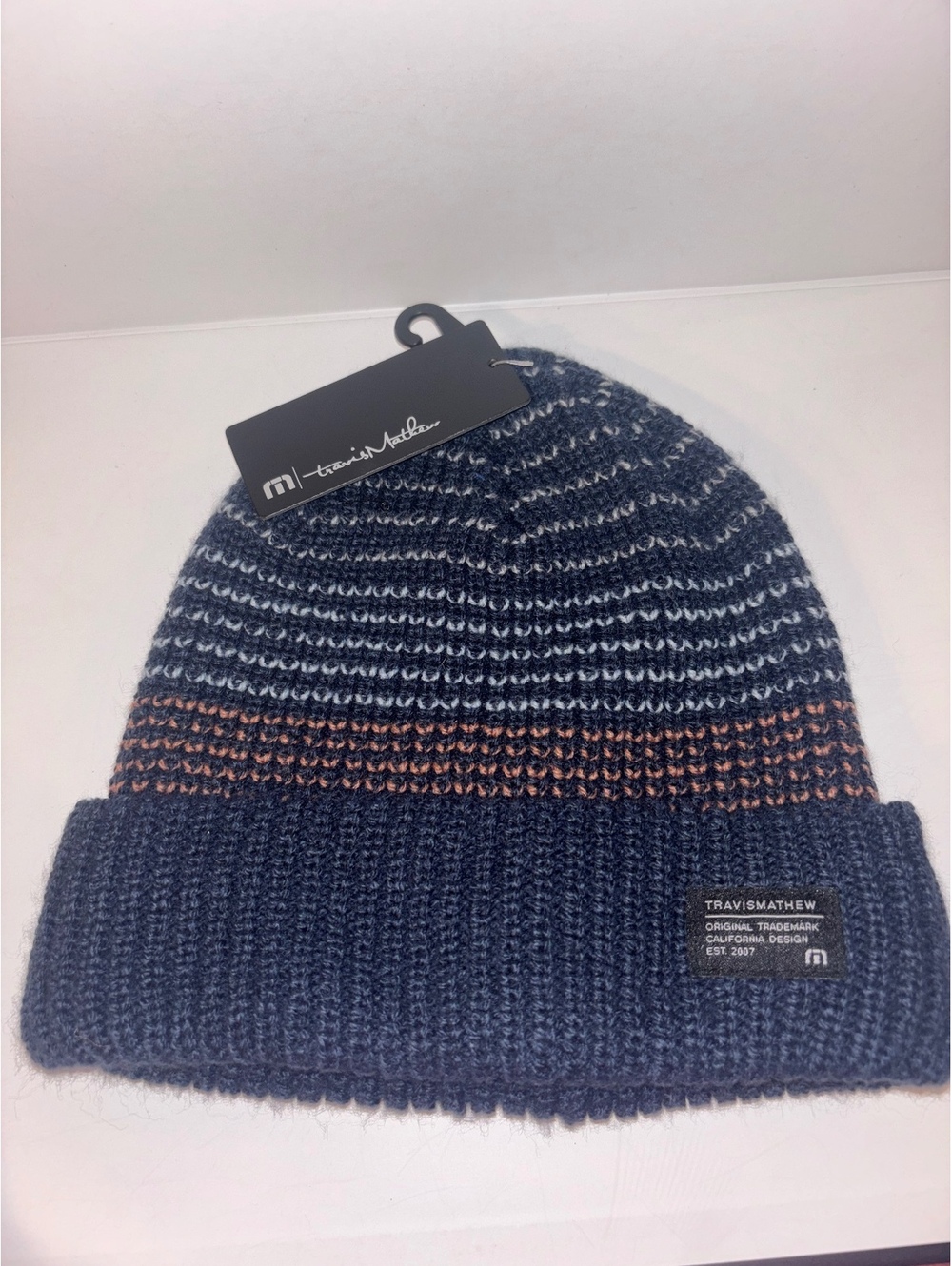 TravisMathew Delgado Beanie Men’s Navy Blue Stripe Knit Cuffed Hat NWT OS